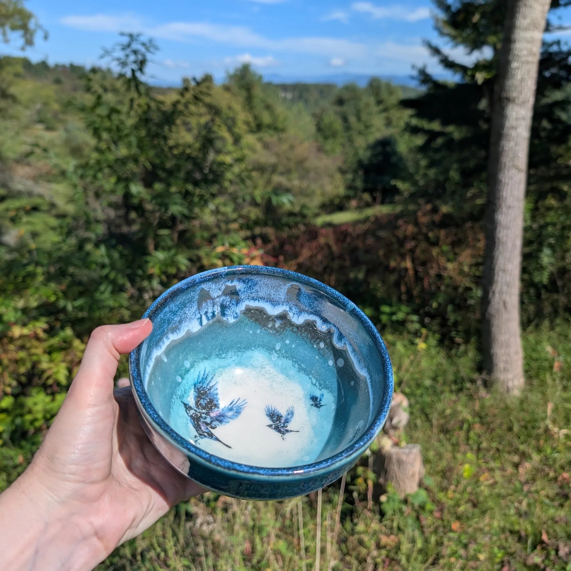 Hand holding a blue ceramic bowl with nature in the background