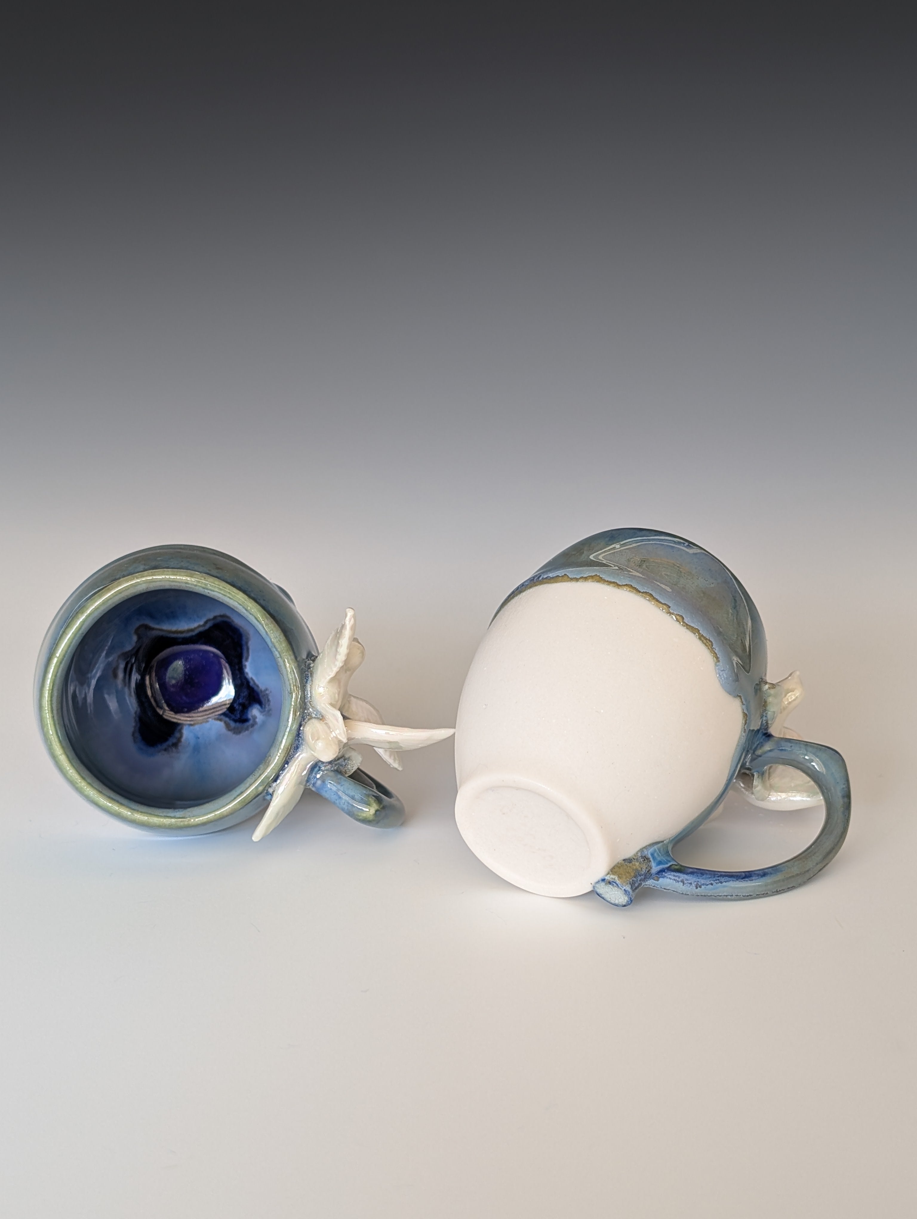 3oz Porcelain espresso mug set - pearl luster Dove sculptures
