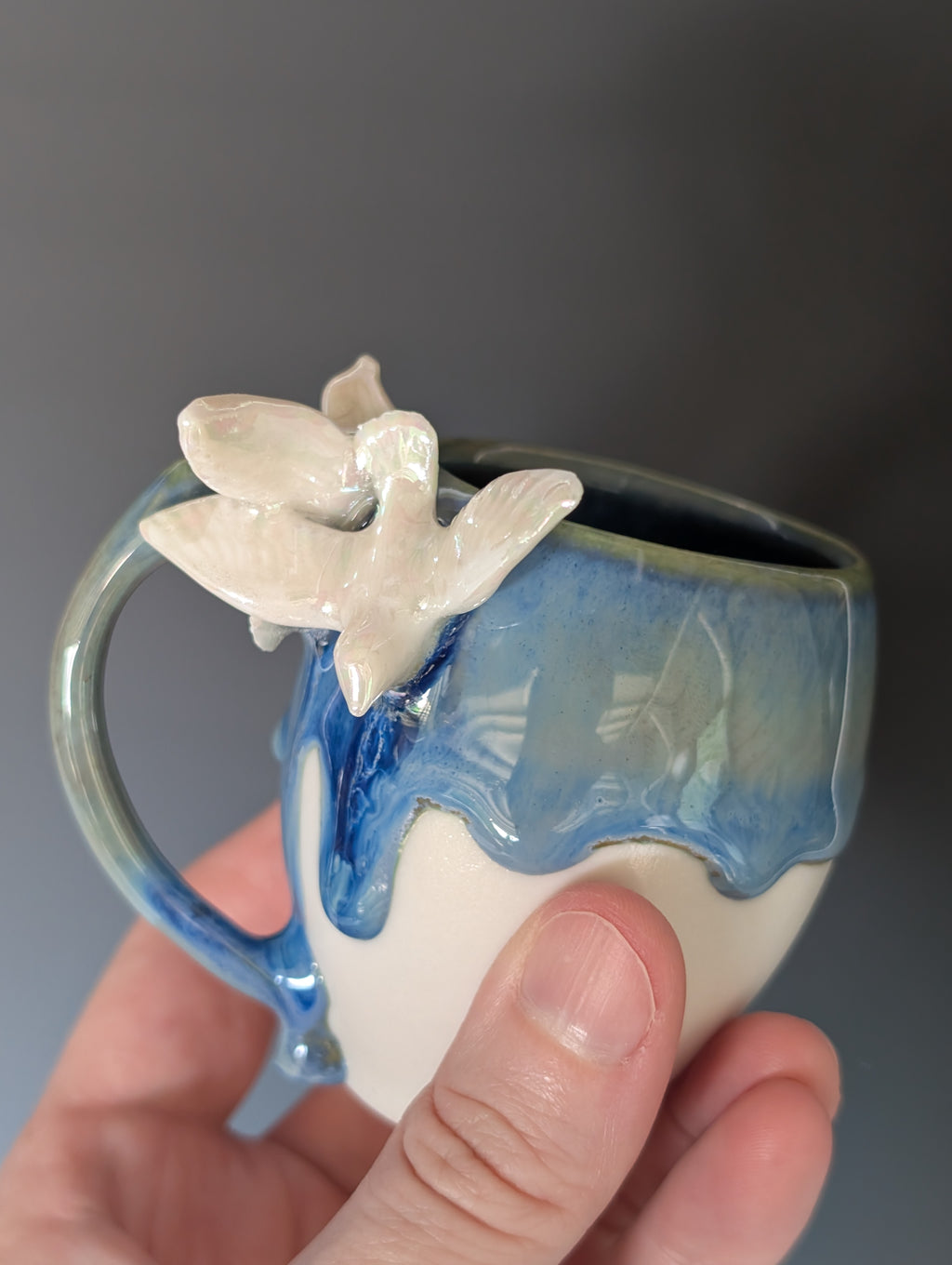 3oz Porcelain espresso mug set - pearl luster Dove sculptures